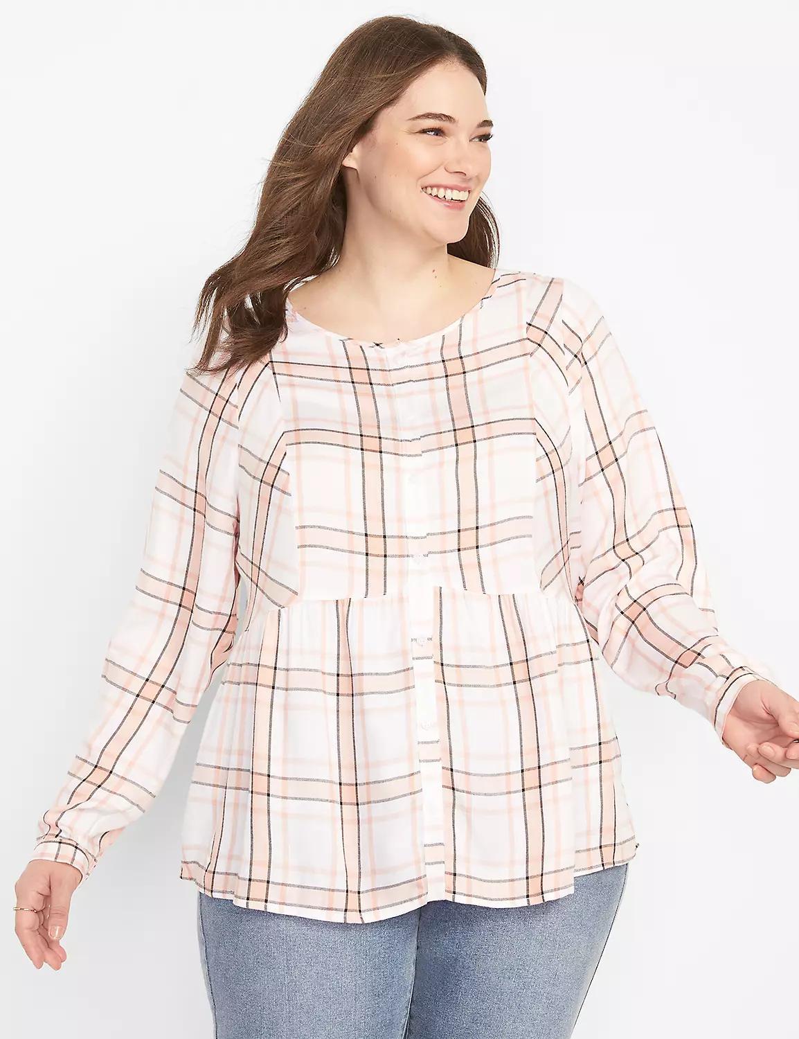 No-Peek Button-Front Plaid Babydoll Top Product Image