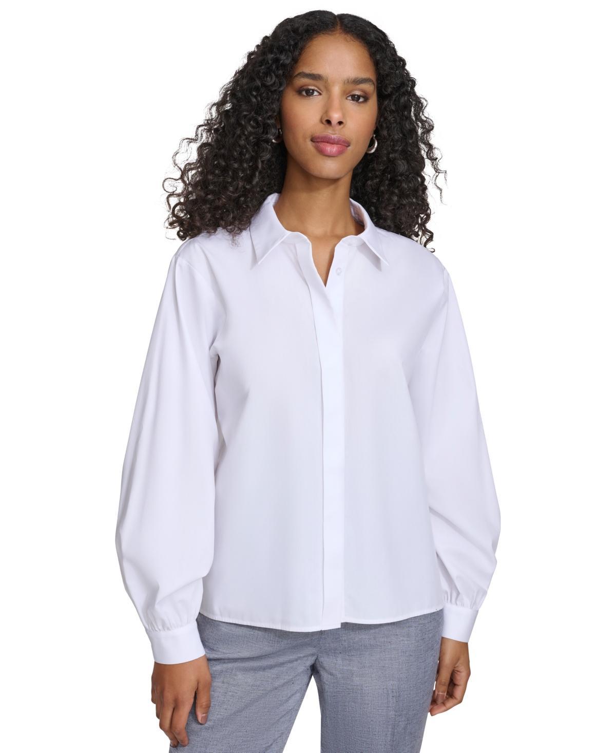 Calvin Klein Womens Long-Sleeve Button-Down Covered-Placket Cotton Top Product Image