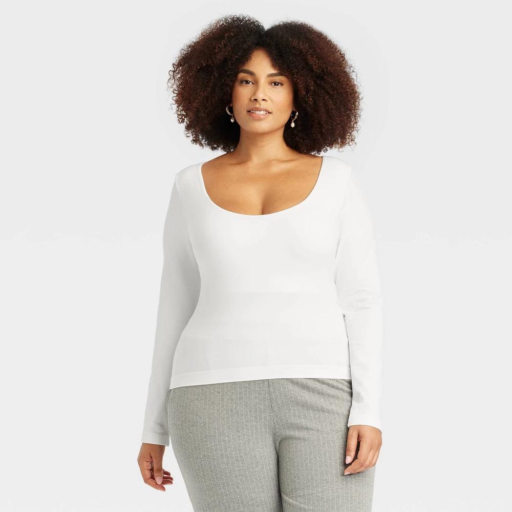 Womens Slim Fit Long Sleeve Scoop Neck Seamless T-Shirt - A New Day White XXL Product Image