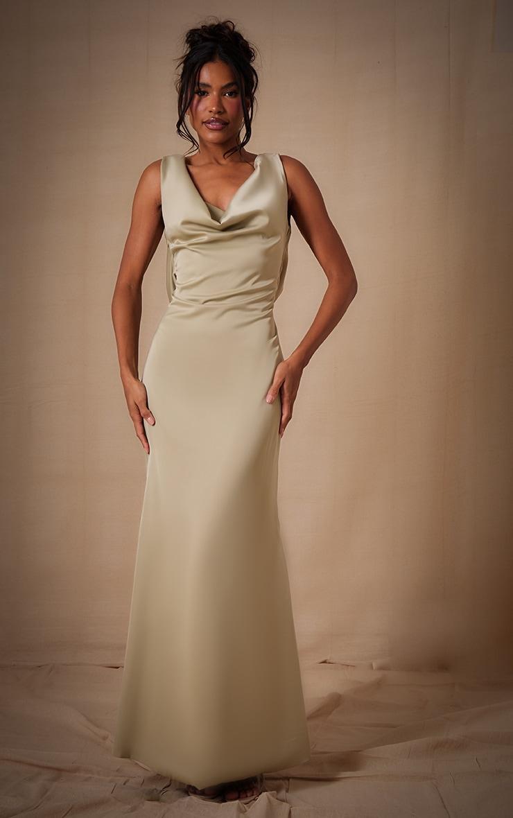 Sage Bridesmaid Satin Cowl Neck Maxi Dress Product Image