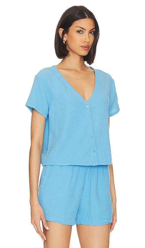 MONROW Gauze Button Down Top in Blue. Product Image