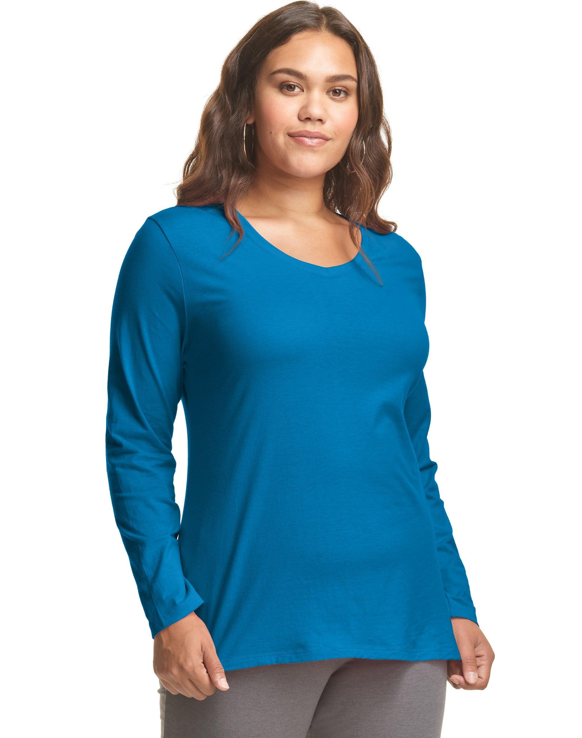 Hanes Womens Long Sleeve V-Neck Cotton T-Shirt (Plus Size) Deep Dive 1X Product Image