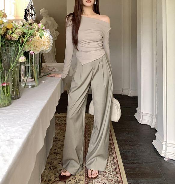 Long-Sleeve Off-Shoulder Plain Asymmetrical Slim Fit Tee / High Rise Wide Leg Suit Pants Product Image