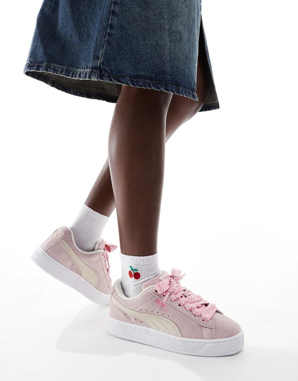 PUMA Suede XL sneakers with lace detail in pink and cream Product Image