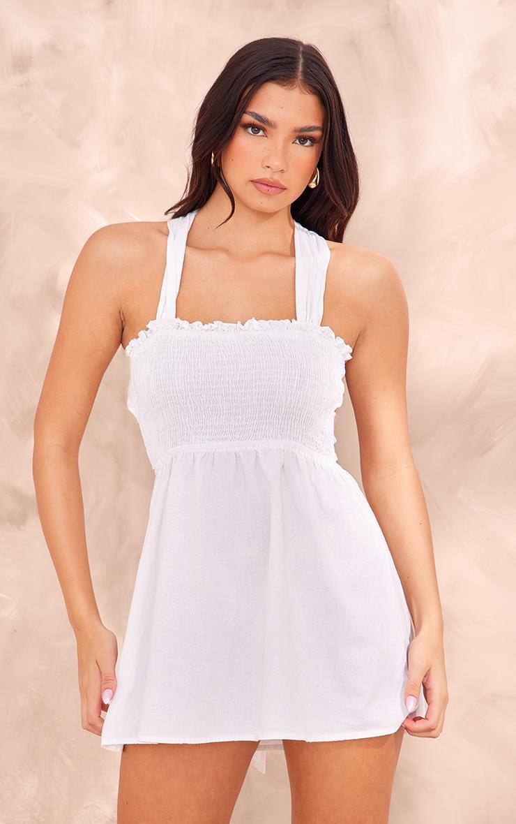 White Shirred Cross Back Shift Dress Product Image