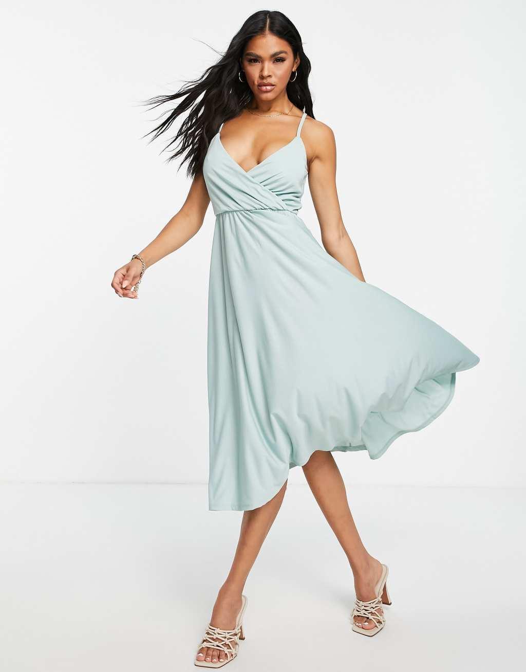 ASOS DESIGN wrap front tie back midi dress in blue Product Image