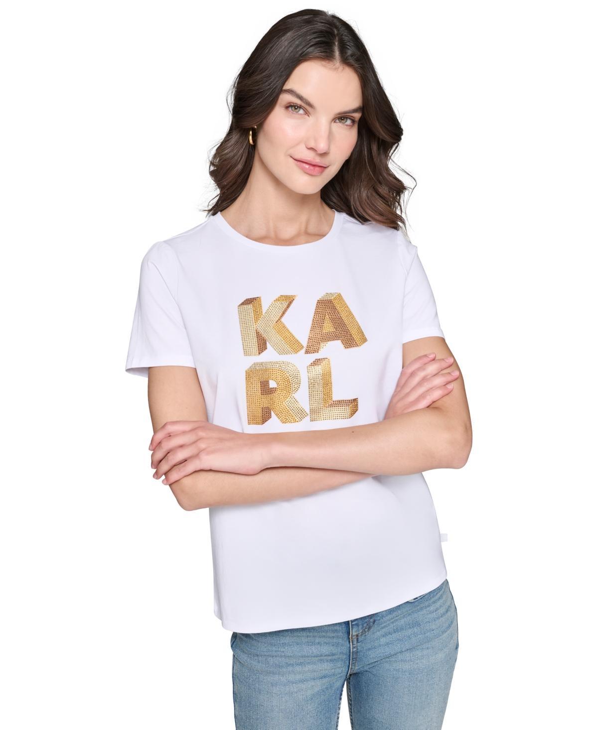 Karl Lagerfeld Paris Womens Embellished Graphic T-Shirt Product Image