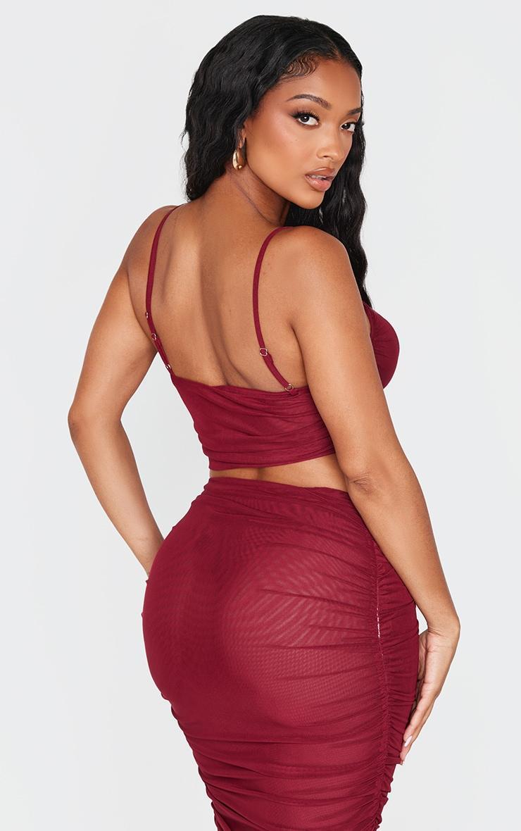 Shape Burgundy Mesh Strappy Ruched Crop Top Product Image