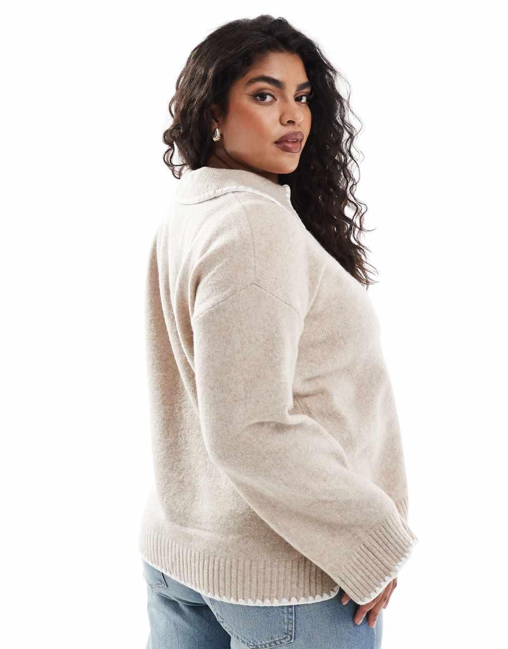 Vila Curve v neck open collar sweater with contrast stitch in beige Product Image