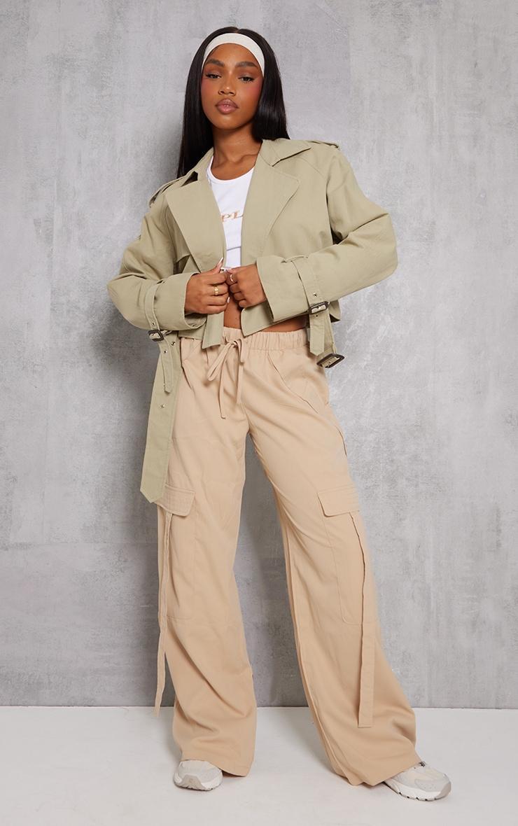 Light Khaki Cropped Belted Hem Trench Coat Product Image