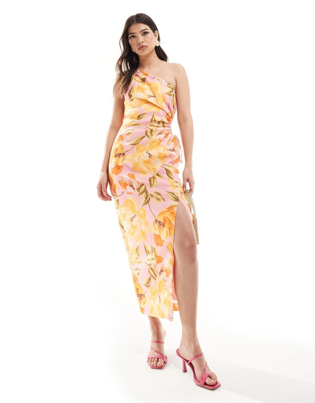 Ever New asymmetric cut-out waist midi dress in yellow floral Product Image