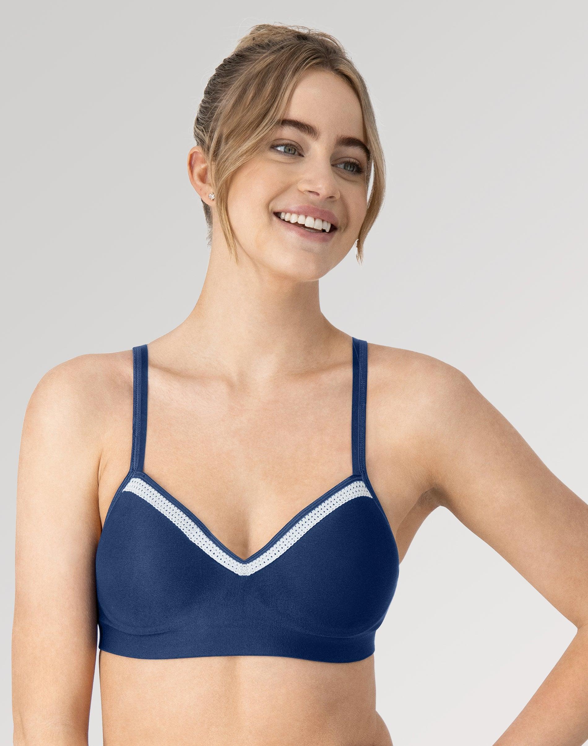 Hanes Foam Evolution Womens Wireless Bra with SmoothTec Band In the Navy/Sterling Grey L Product Image