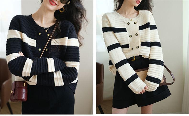 Crew Neck Striped Double-Breasted Crop Cardigan Product Image