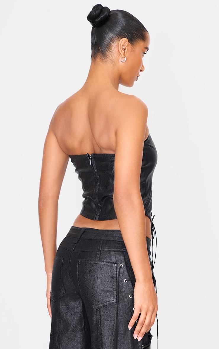 Black Coated Denim Lace Up Front Bandeau Corset Product Image