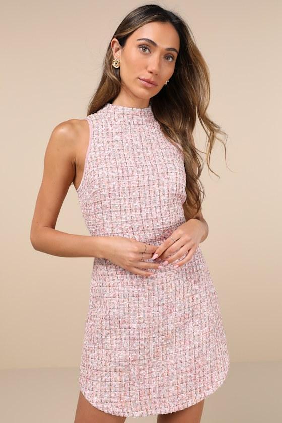 Glittery Poise Pink Multi Tweed Sleeveless Mini Dress Product Image