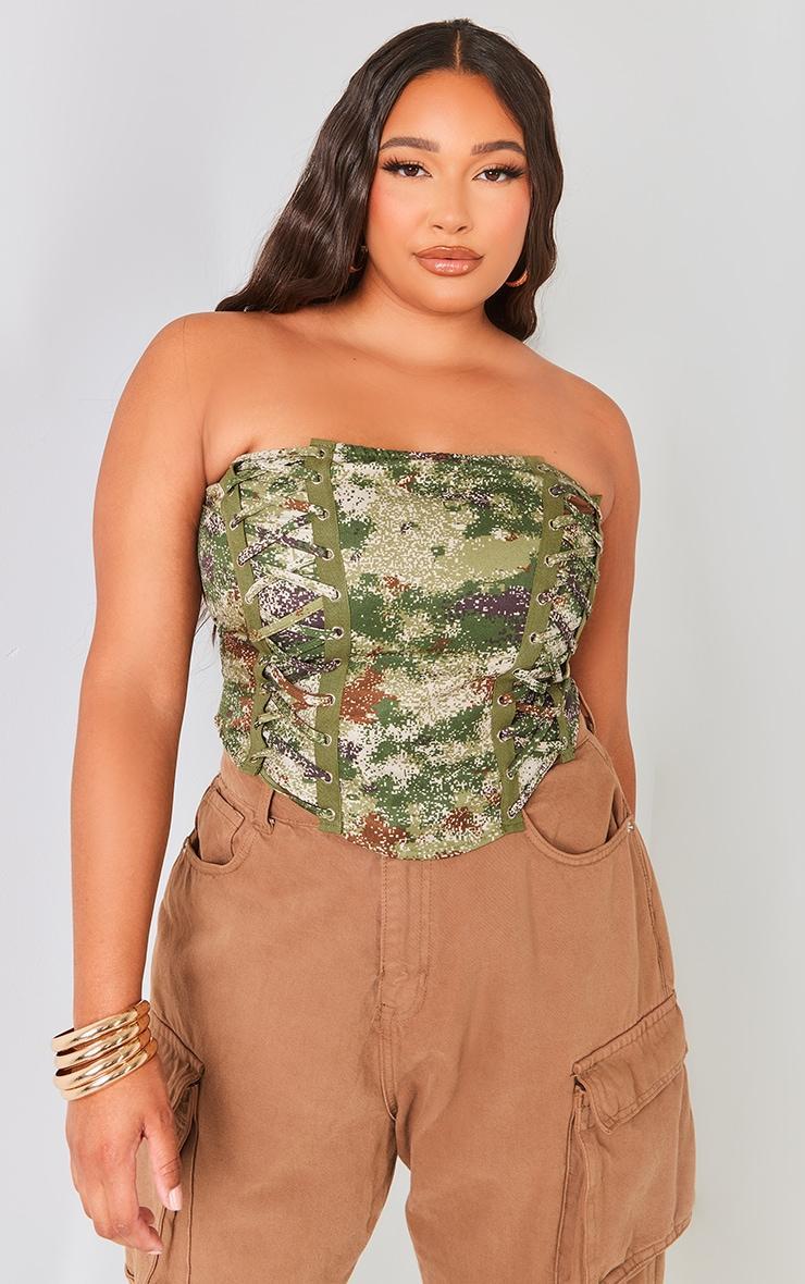 Plus Khaki Printed Lace Up Side Bandeau Crop Top Product Image