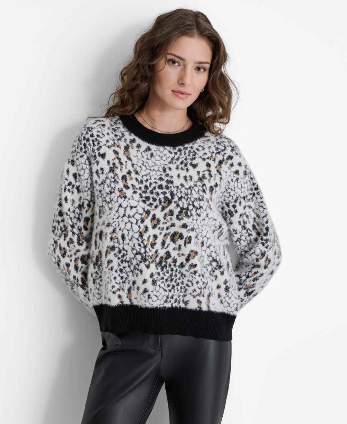 Dkny Womens Faux-Fur Animal-Print Crewneck Sweater product image