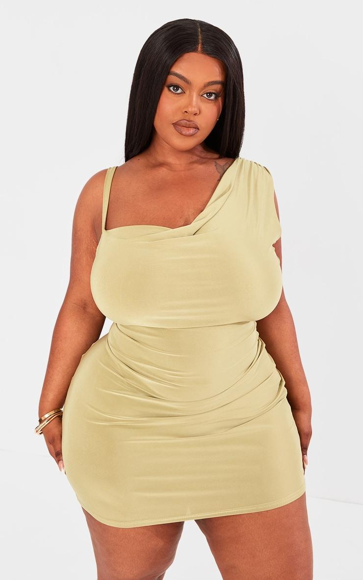 Plus Sage Green Strappy Shoulder Detail Cowl Neck Mini Dress Product Image