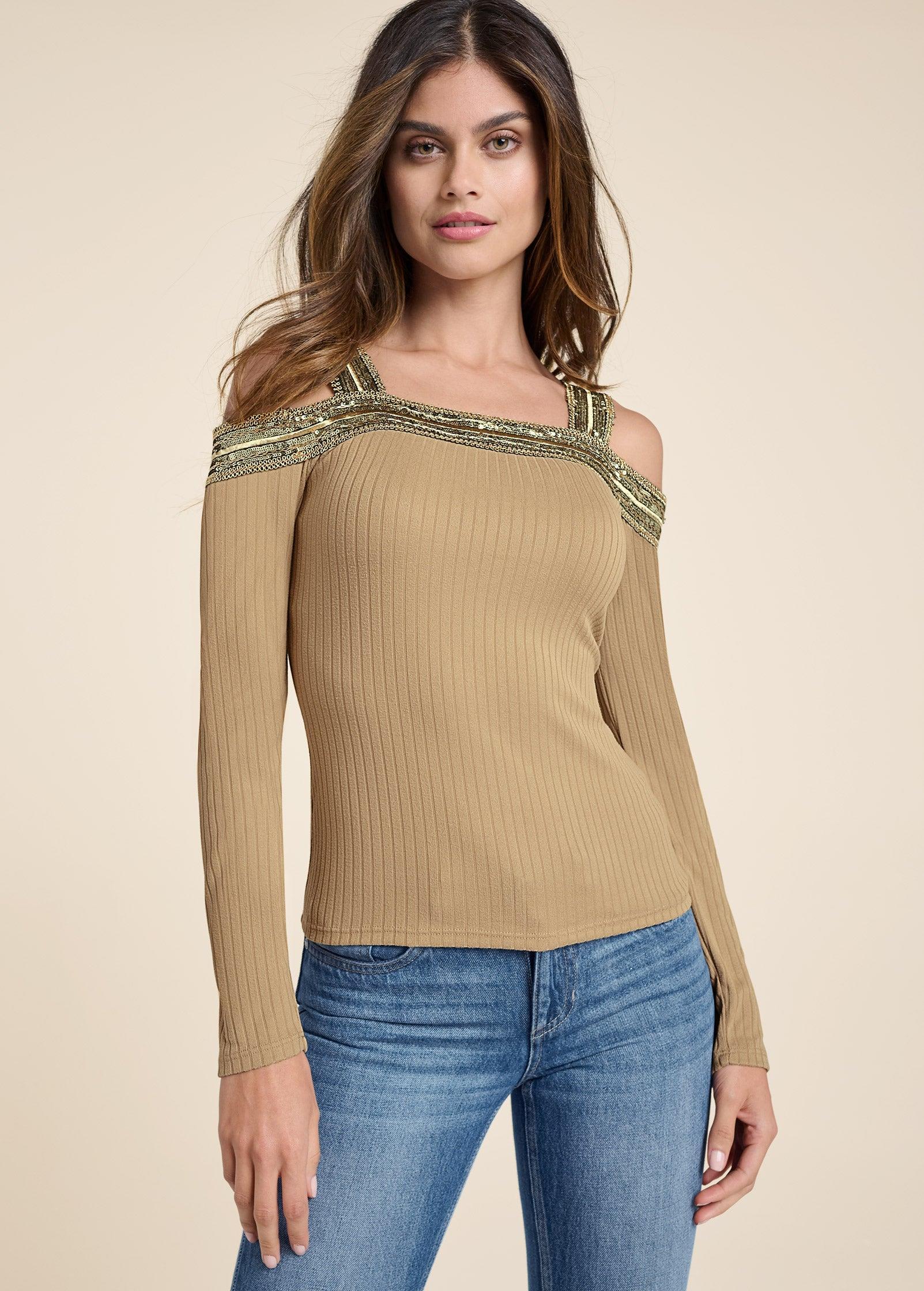 Sequin Cold-Shoulder Top - Tan Product Image