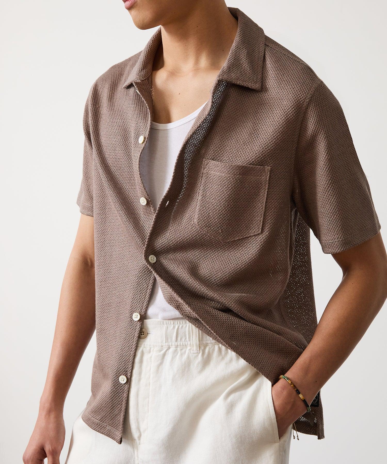 Linen Mesh Full-Placket Polo in Vintage Brown Product Image