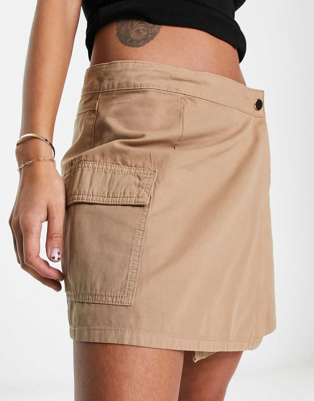 River Island wrap cargo mini skirt in dark beige Product Image