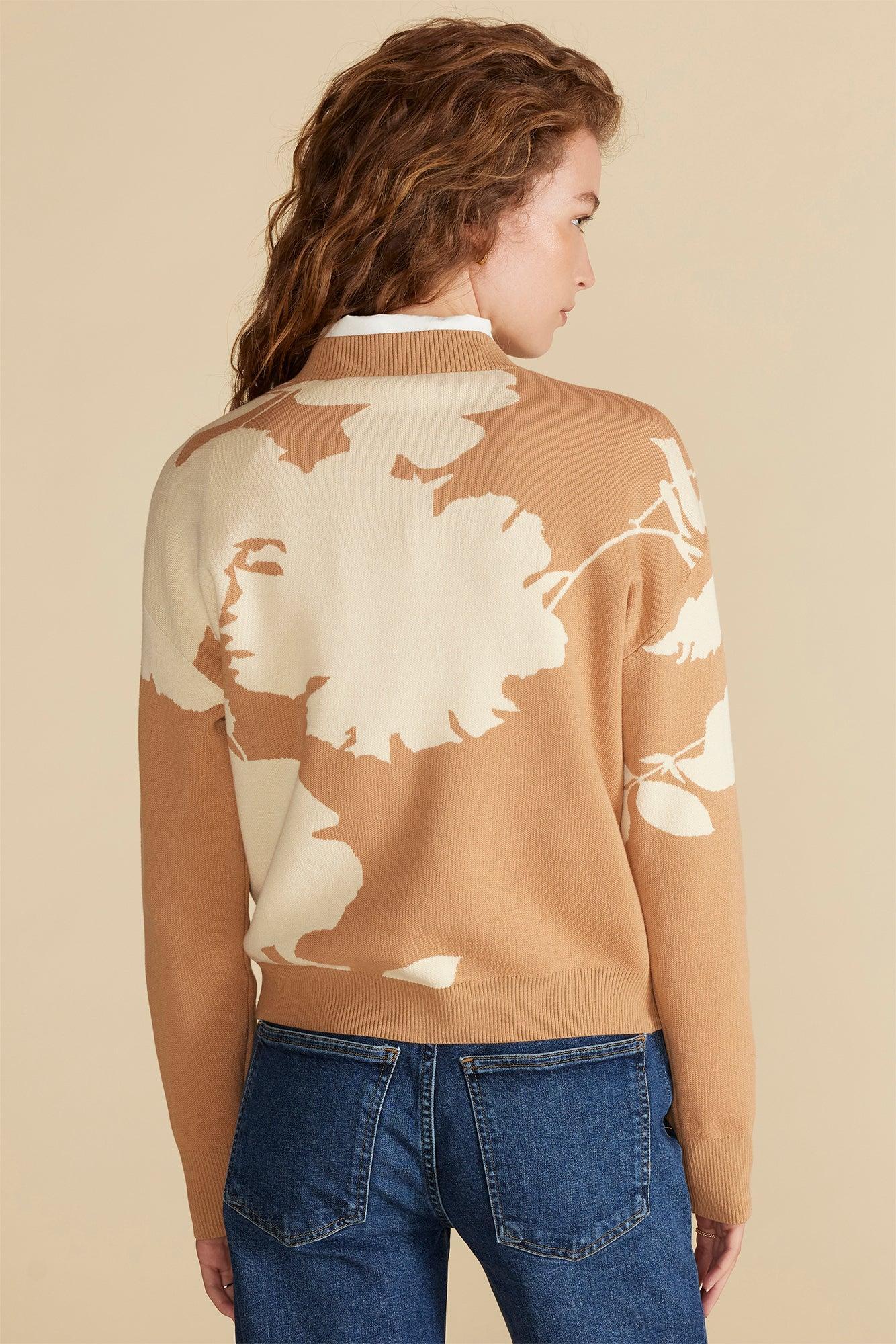 Martha Organic Cotton Jacquard Sweater - Camel and Ivory Abstract Floral Product Image