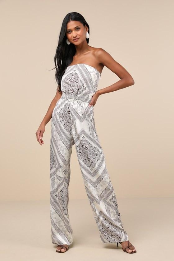 Western Direction Ivory Scarf Print Satin Strapless Jumpsuit Product Image