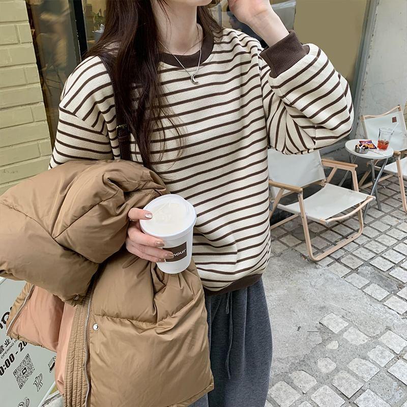 Drop Shoulder Round Neck Striped Pullover Product Image