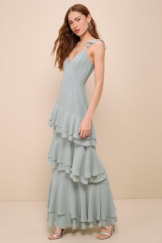 Perfectly Enchanting Sage Green Ruffled Tiered Maxi Dress Product Image