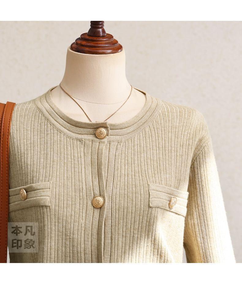 Round Neck Plain Ribbed Cardigan Product Image