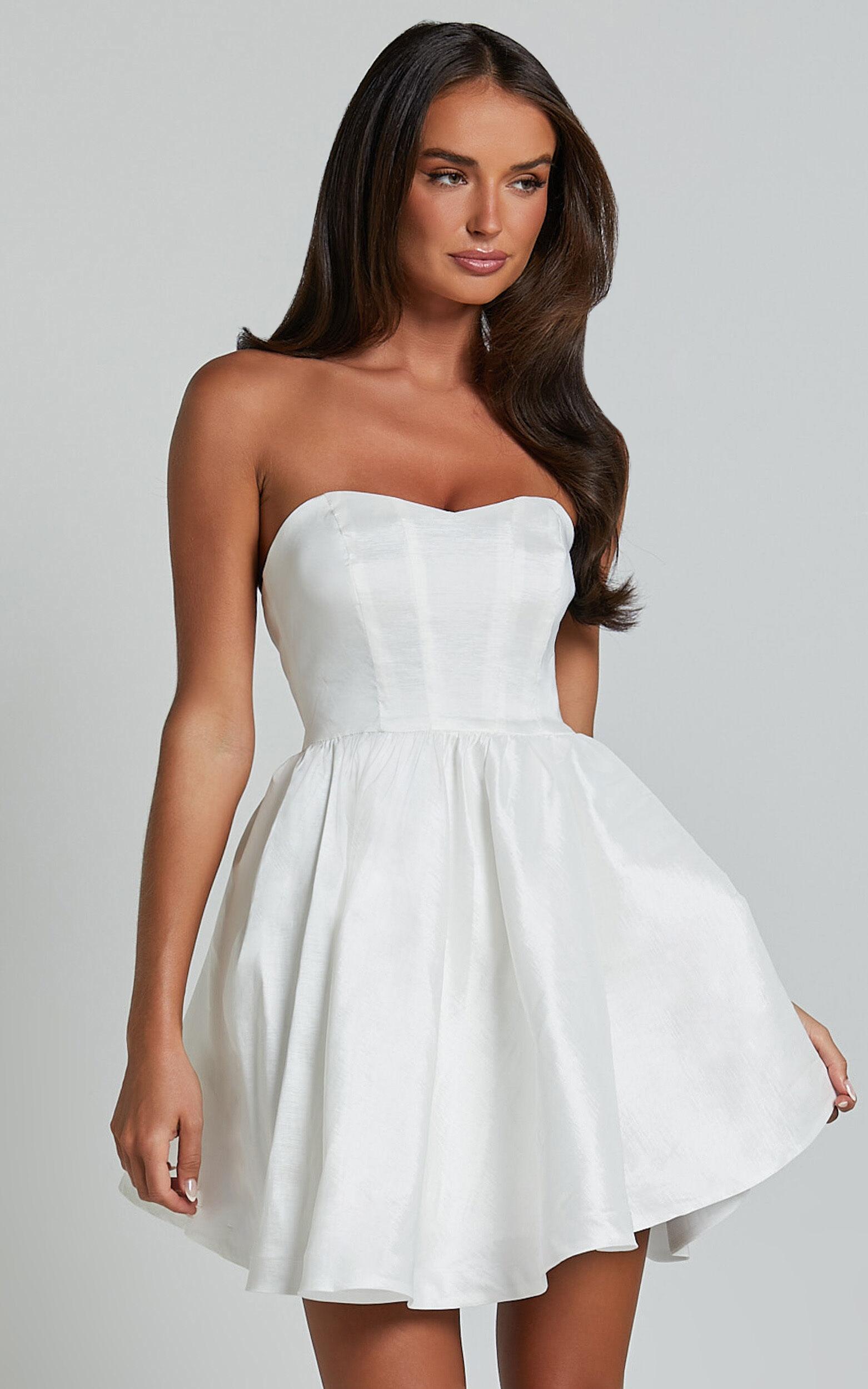 Jayde Mini Dress - Strapless Sweetheart Fit And Flare Dress in White Product Image