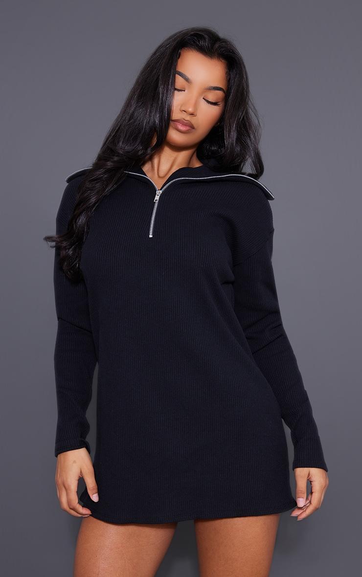 Black Rib High Neck Half Zip Oversized Sweater Dress Product Image