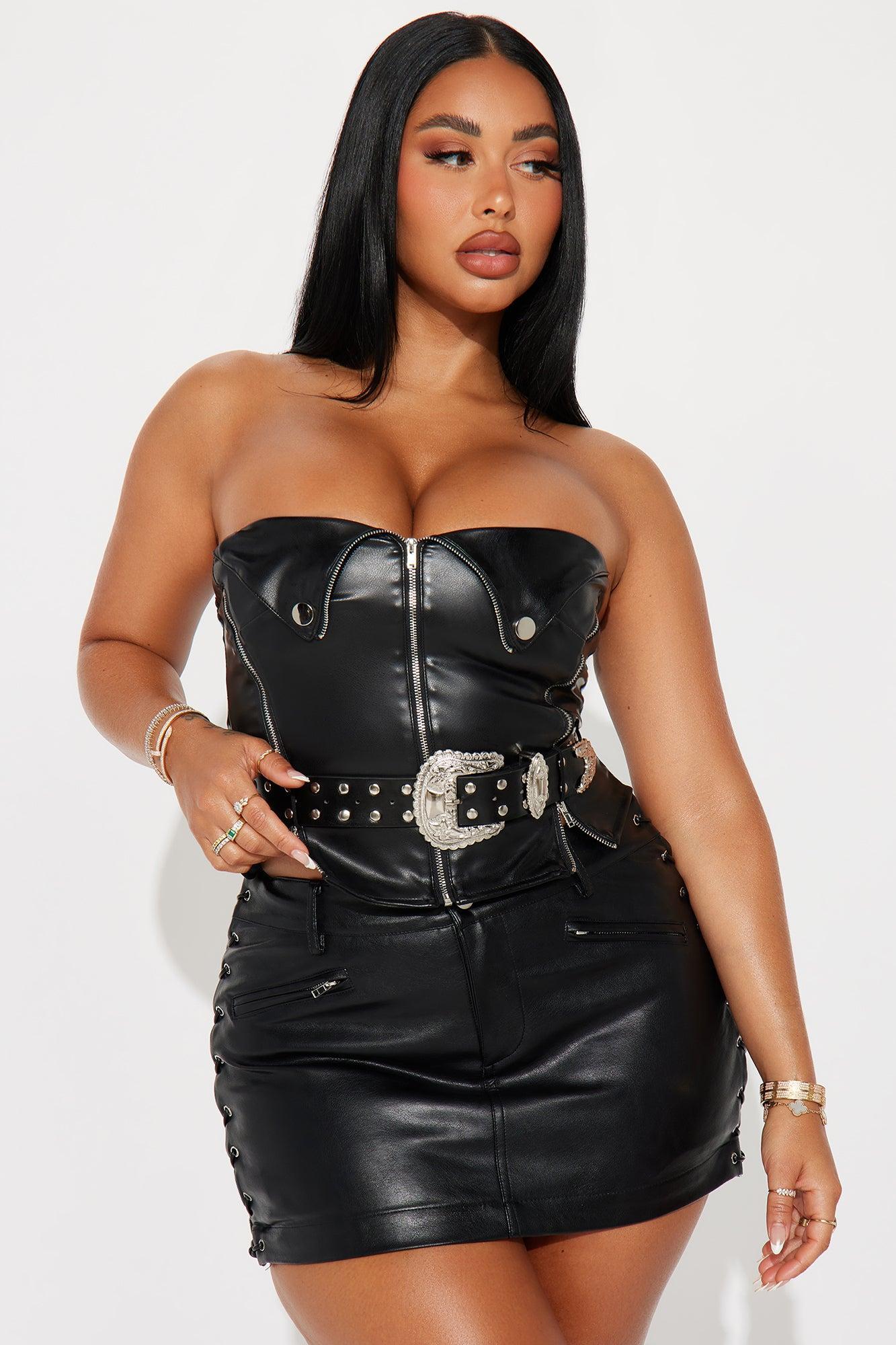 Harley Belted Faux Leather Corset Top - Black Product Image