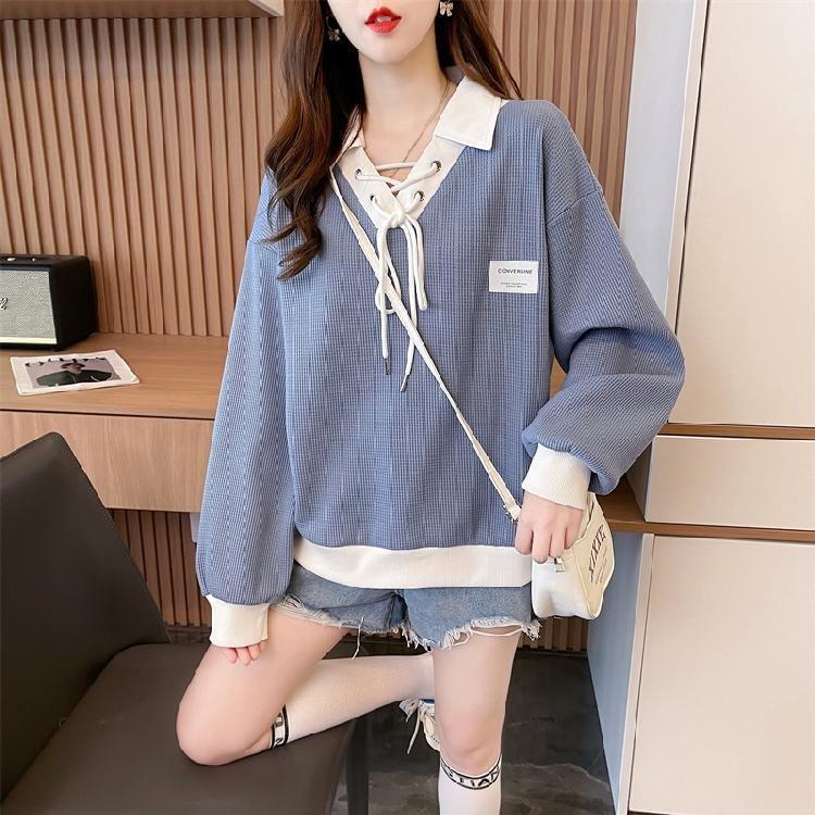 Collared Contrast Trim Waffle Lace-Up Pullover Product Image