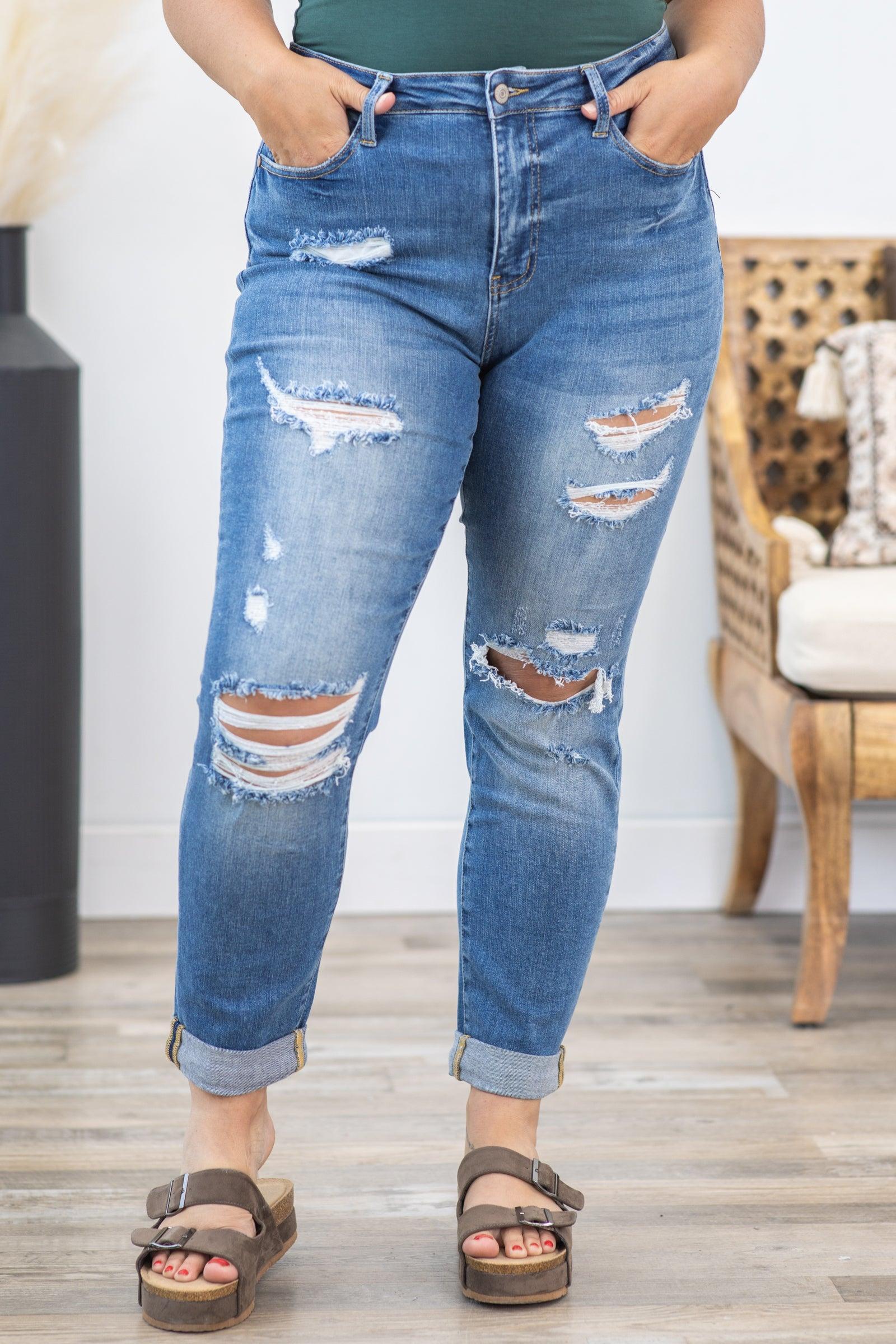 Judy Blue Cuffed Boyfriend Jean With Distress Product Image