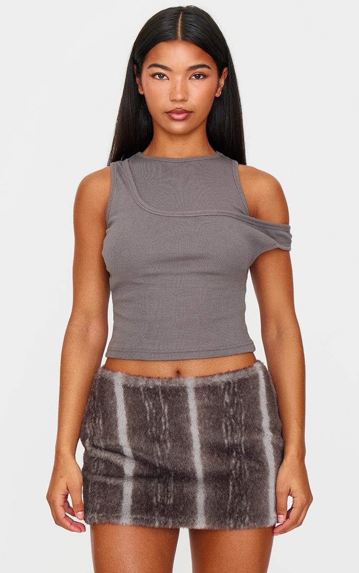 Dark Grey Ribbed Asymmetric Vest Top product image