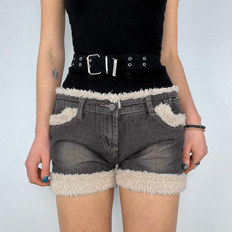 Low Waist Furry-Trim Mini Denim Shorts Product Image