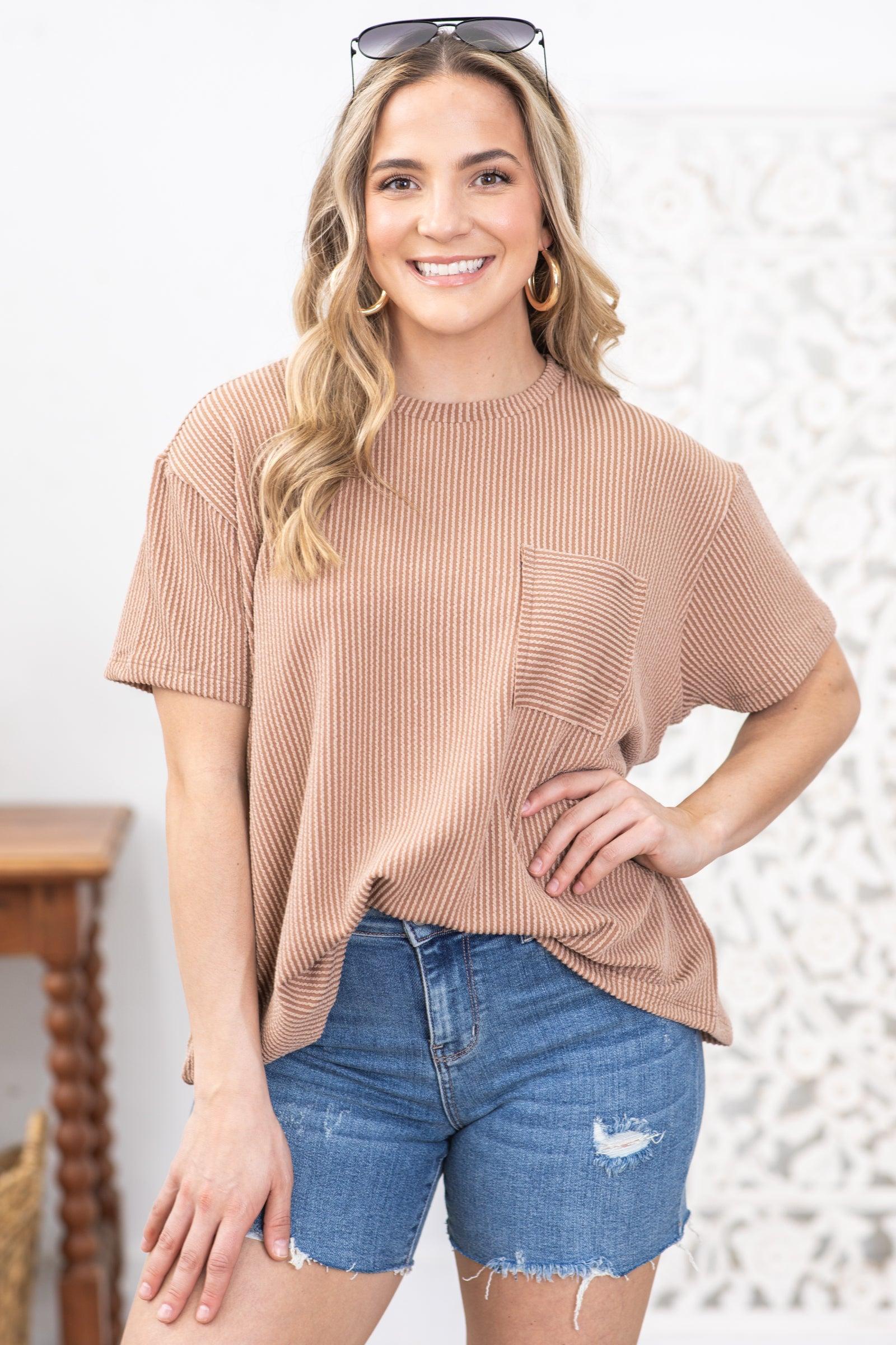 Mocha Texture Ribbed Short Sleeve Knit Top Product Image