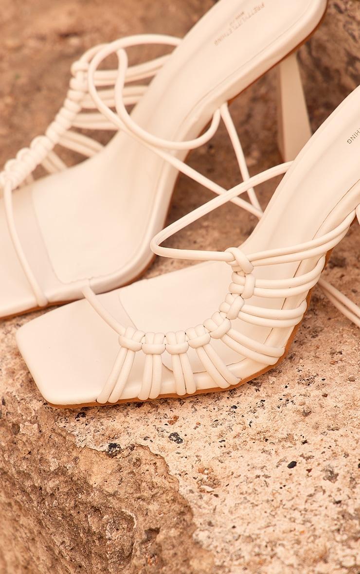 White Wide Fit Pu Square Toe Knot Lace Up Side Detail High Heeled Sandals Product Image