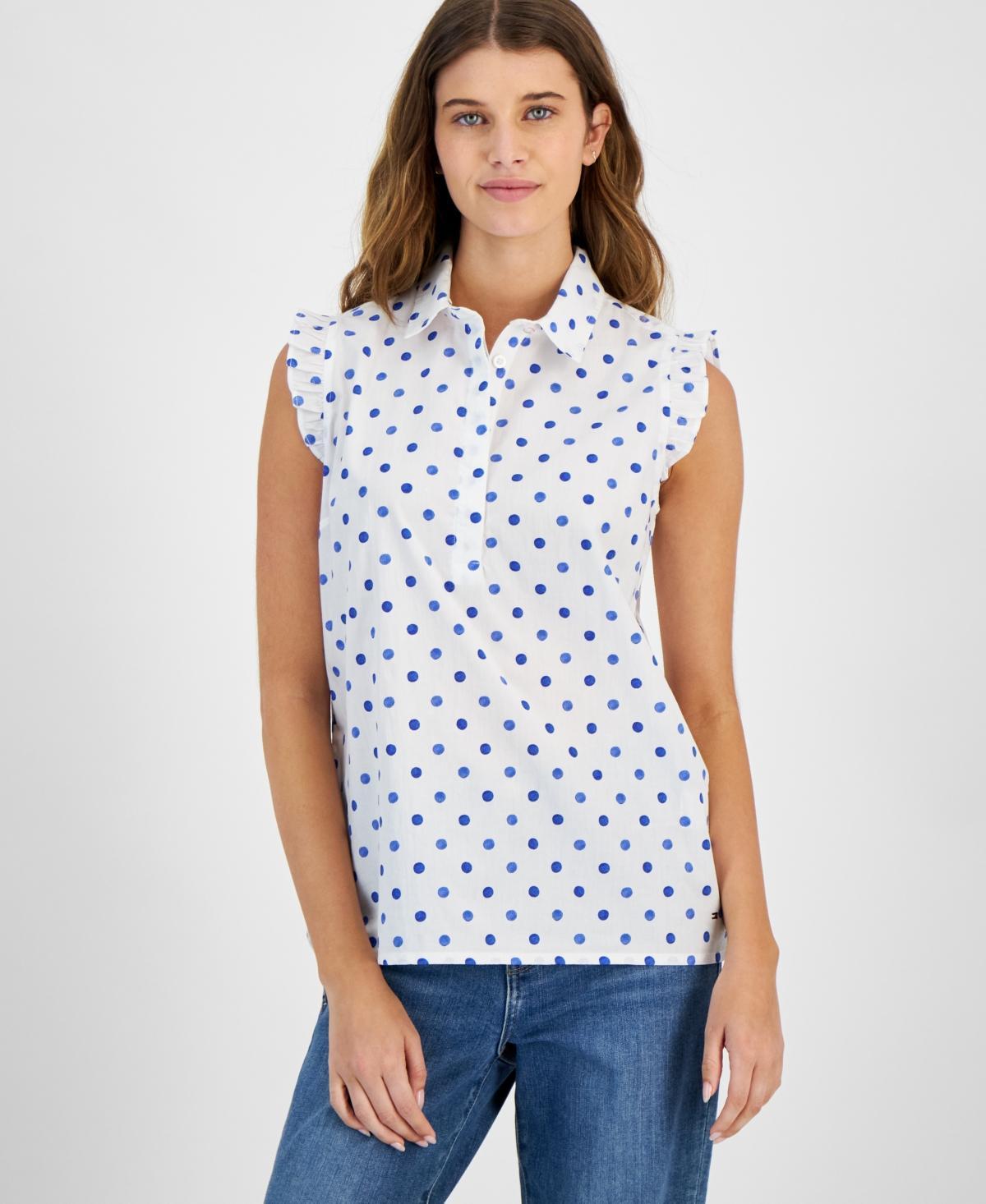 Tommy Hilfiger Womens Cotton Dot-Print Ruffled-Trim Top Product Image