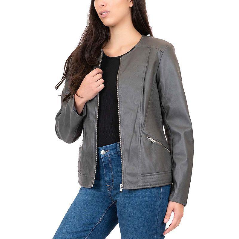 Womens MO-KA Collarless Faux Leather Jacket Grey Product Image