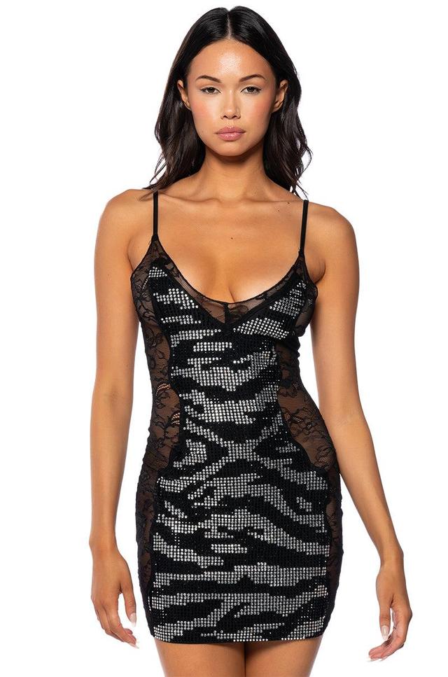 PARTY ALL NIGHT RHINESTONE LACE MINI DRESS IN BLACK MULTI Product Image