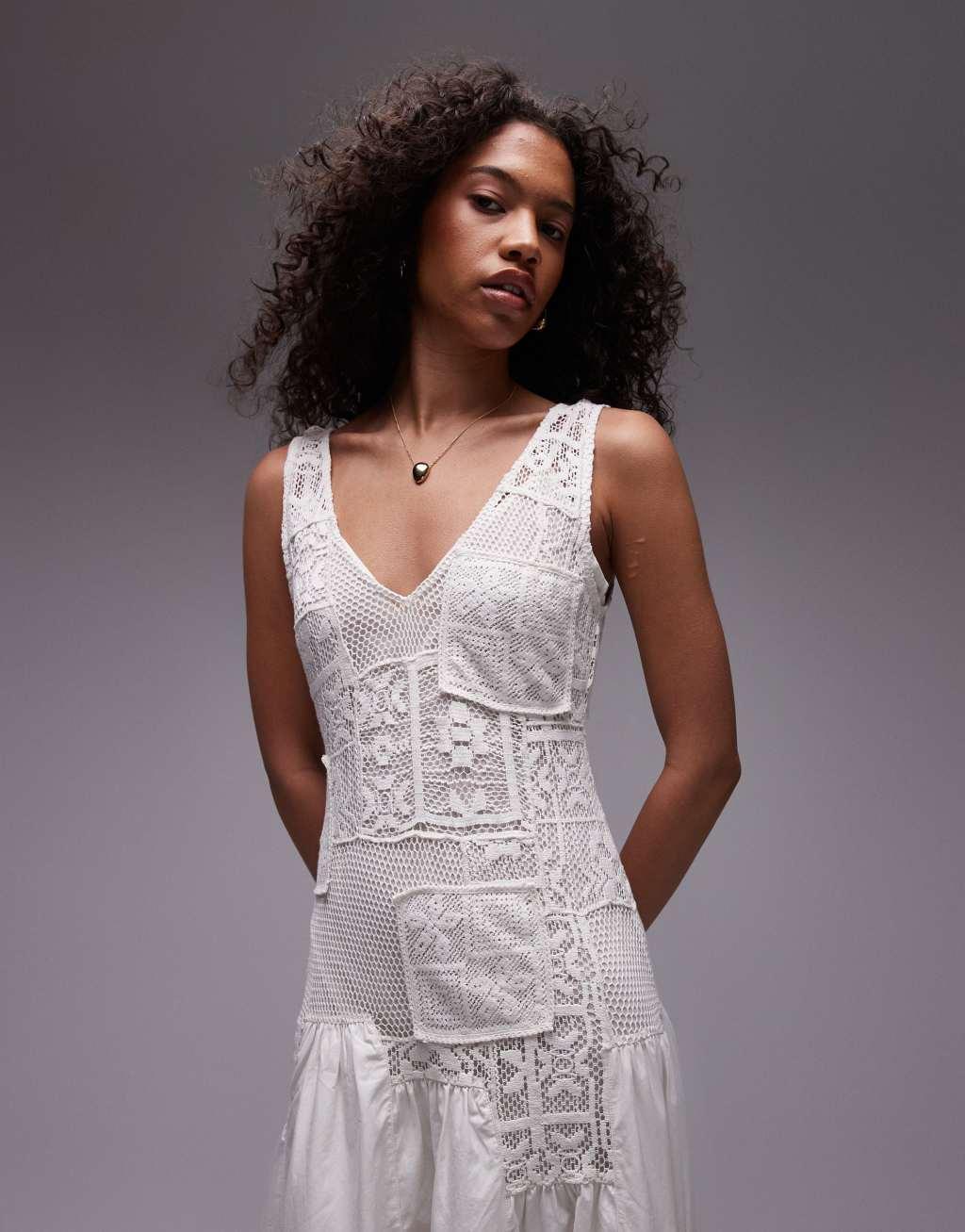 Topshop premium sleeveless eyelet midi dress with removable lining in ivory Product Image