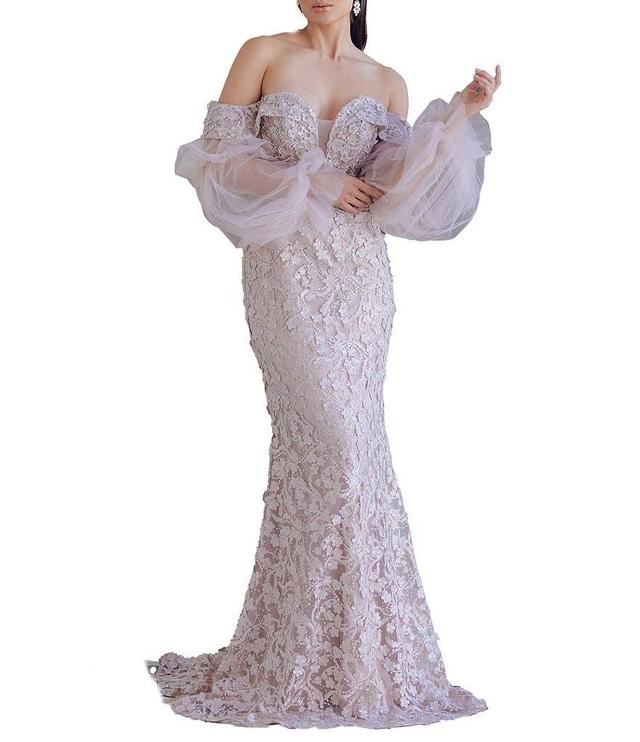 Terani Couture Embroidered Off-the-Shoulder Long Illusion Sleeve Mermaid Gown Product Image