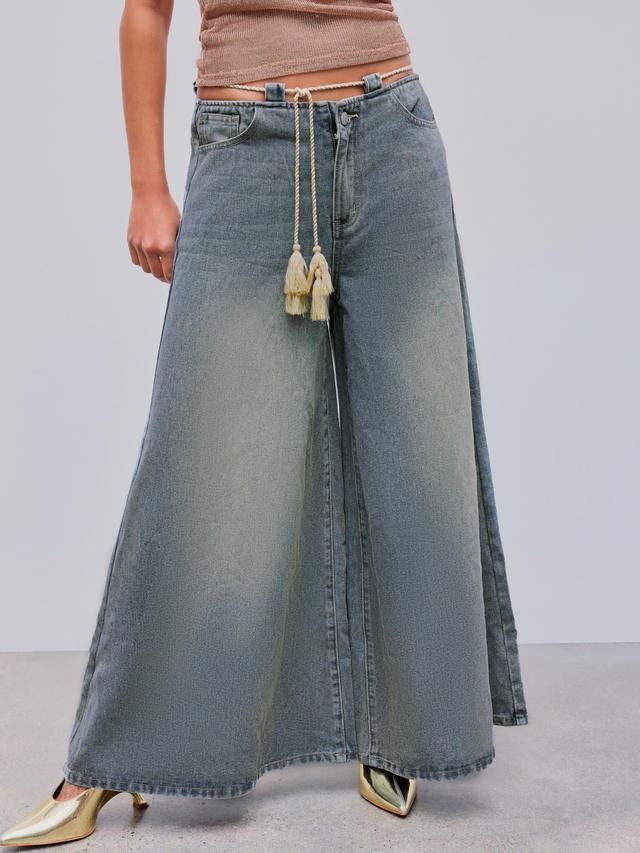 Denim Low Rise Wide Leg Jeans With Tassel Rope Product Image