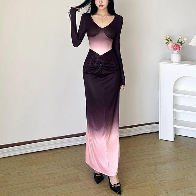 Long Sleeve V-Neck Gradient Ruched Maxi Sheath Dress Product Image