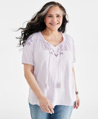 Plus Size Embroidered Split-Neck Puff-Sleeve Top, Created for Macy's Product Image