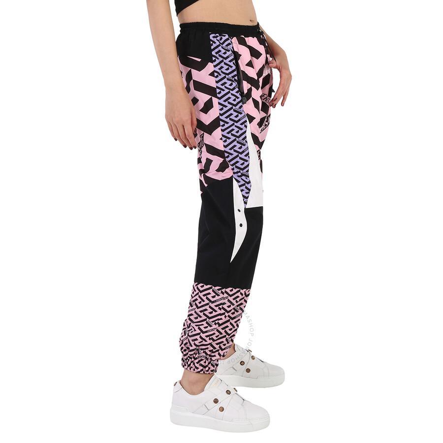 VERSACE Greca Embroidered Paneled Track Pants Woman Pants Black Size 4 Polyamide In Pink/white/black Product Image