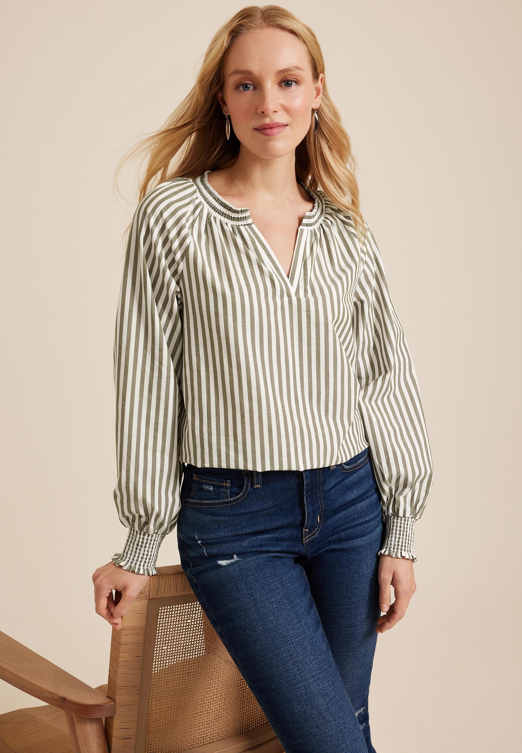 Striped V Neck Poplin Blouse Product Image