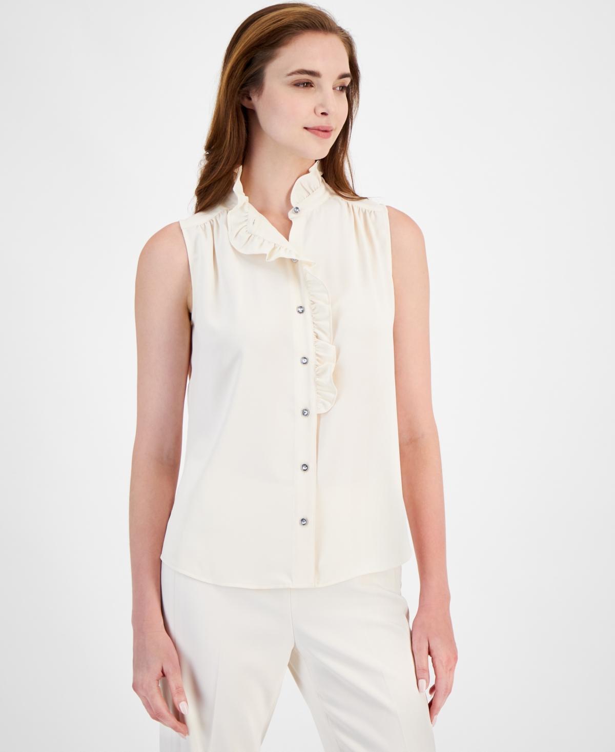 Anne Klein Womens Ruffle-Front Sleeveless Button-Front Top Product Image